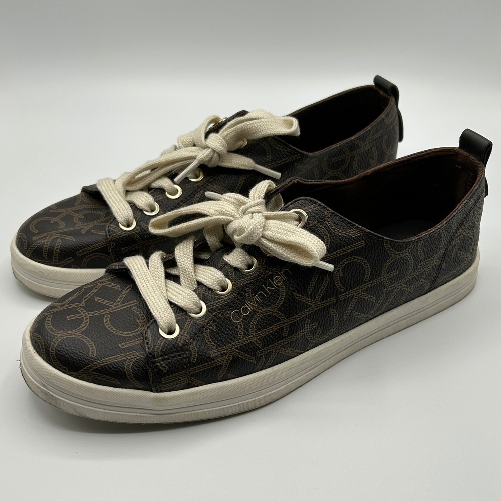 Calvin Klein‎ Michaela CK Monogram Sneakers Brown Lace Up Casual Womens Size 9M